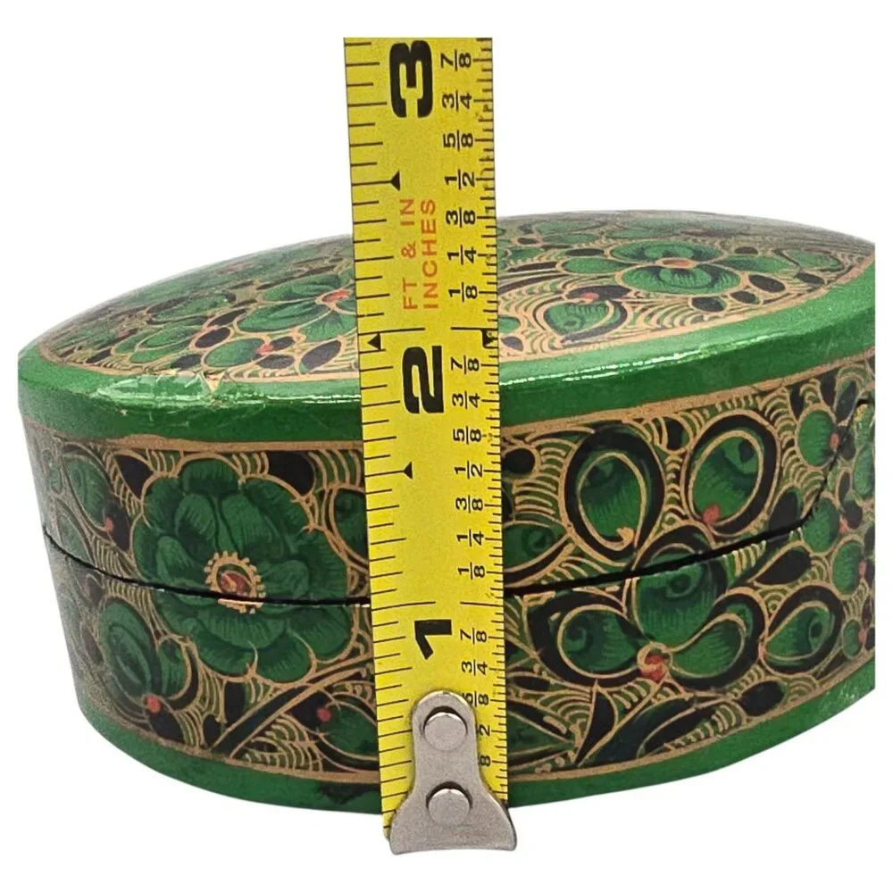 Paper Mache Green Floral Coaster Set Of 6 Storage Box Lacquered‎ Hand Painted